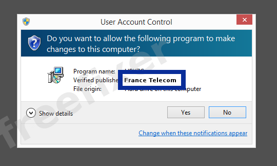 Screenshot where France Telecom appears as the verified publisher in the UAC dialog